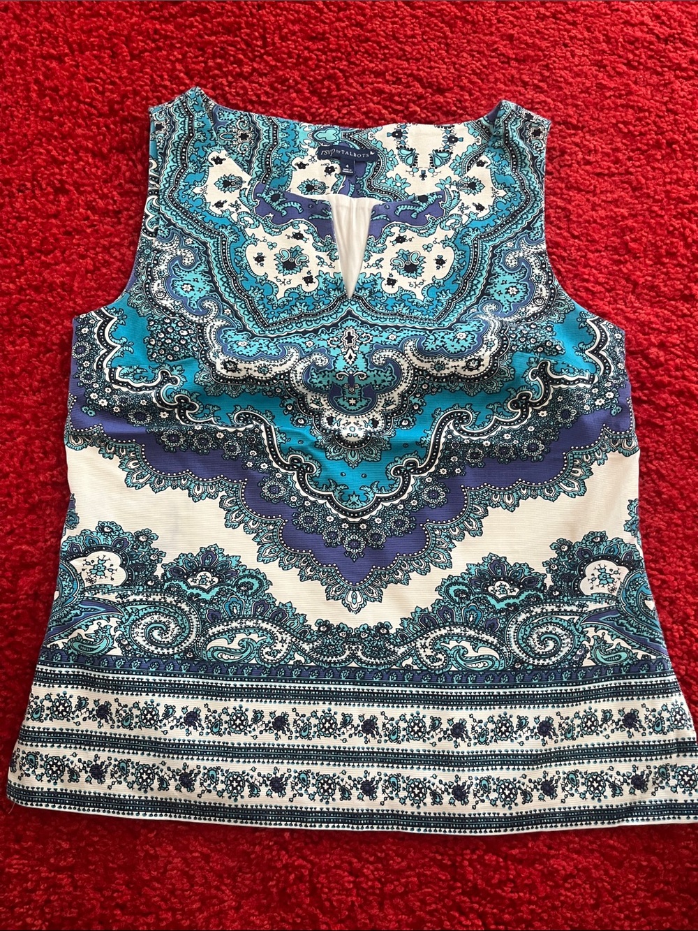 Talbots Blue, Teal & White Paisley Keyhole Tank